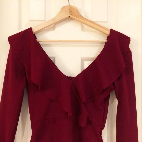 Boohoo Dark Red Ruffle Long Sleeved Bodysuit - Picture 4 of 7